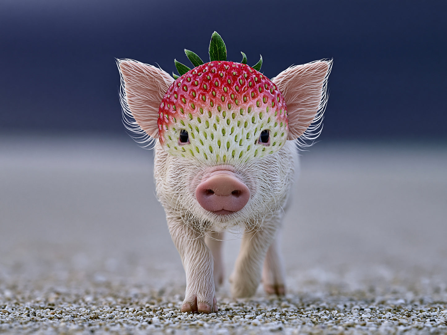 Surreales kleines Ferkel mit erdbeerartigem Kopf steht auf hellem Kies und blickt direkt in die Kamera.