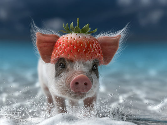 Surreales kleines Ferkel mit erdbeerartigem Kopf läuft durch schäumendes Wasser am Strand.
